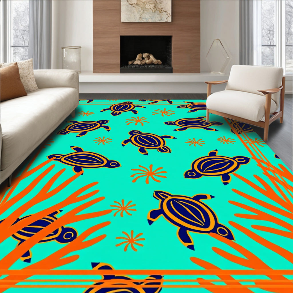 Turquoise Turtle Coral Abstract Border Rug