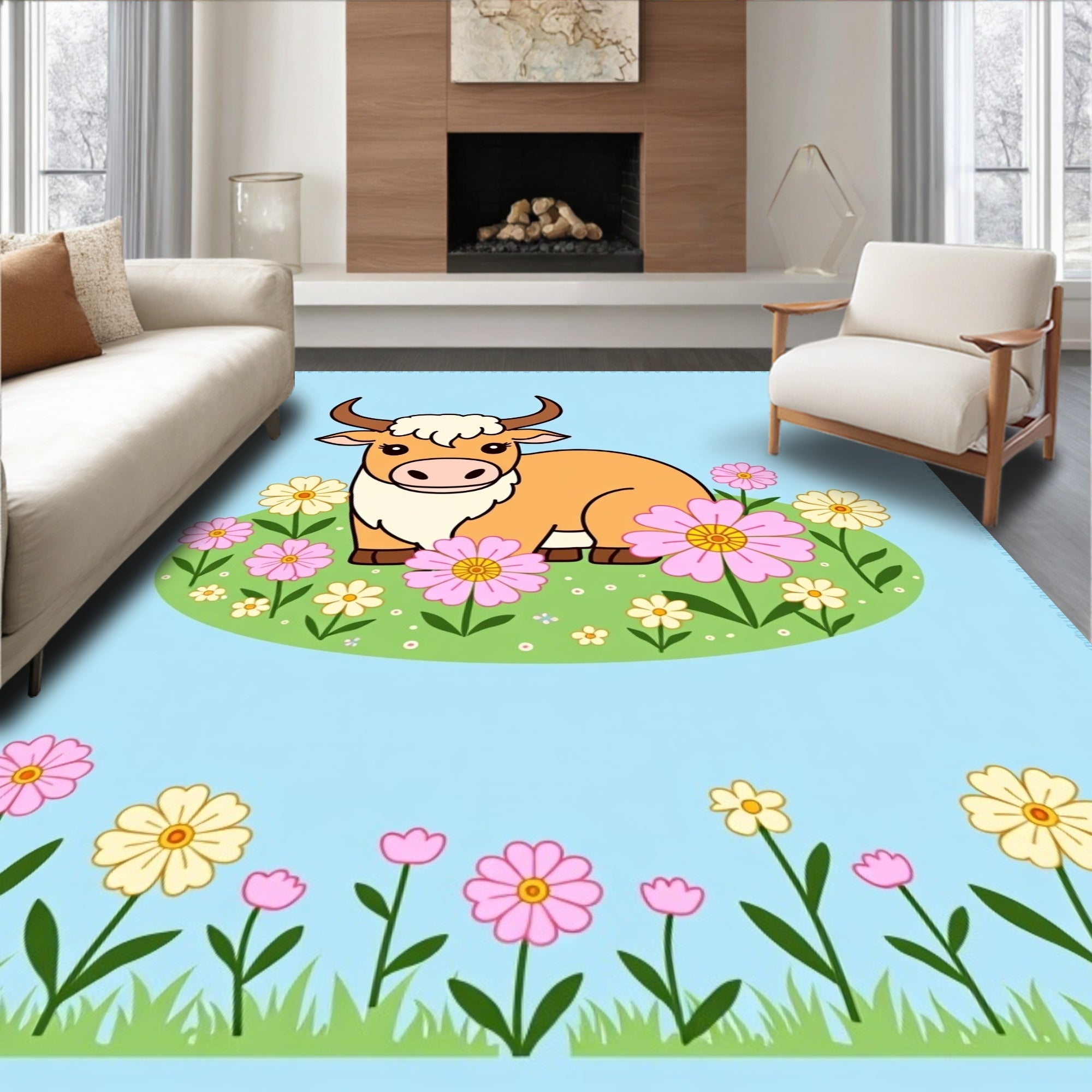 Whimsical Highland Cow Floral Meadow Rug