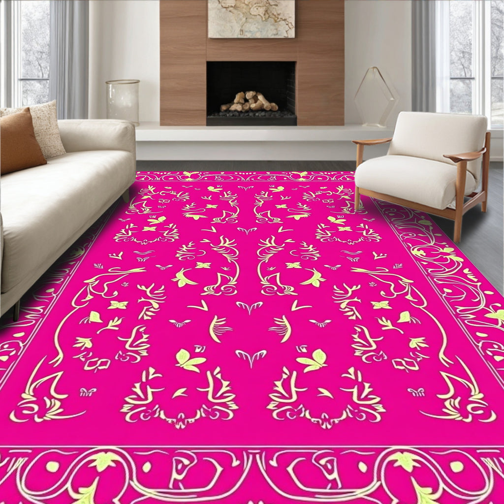 Bright Pink Yellow Floral Scroll Border Rug