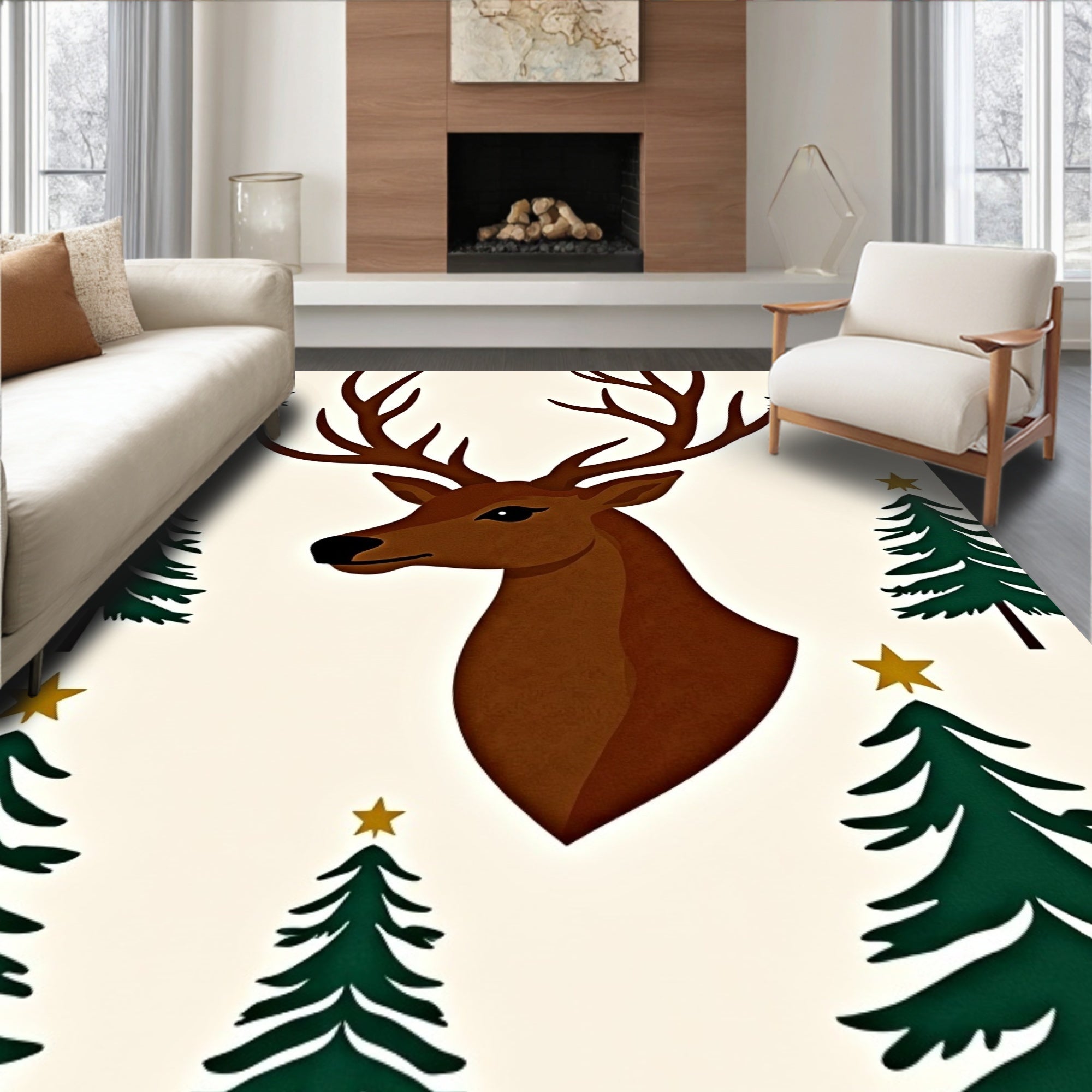 Rustic Brown Deer Forest Stars Rug