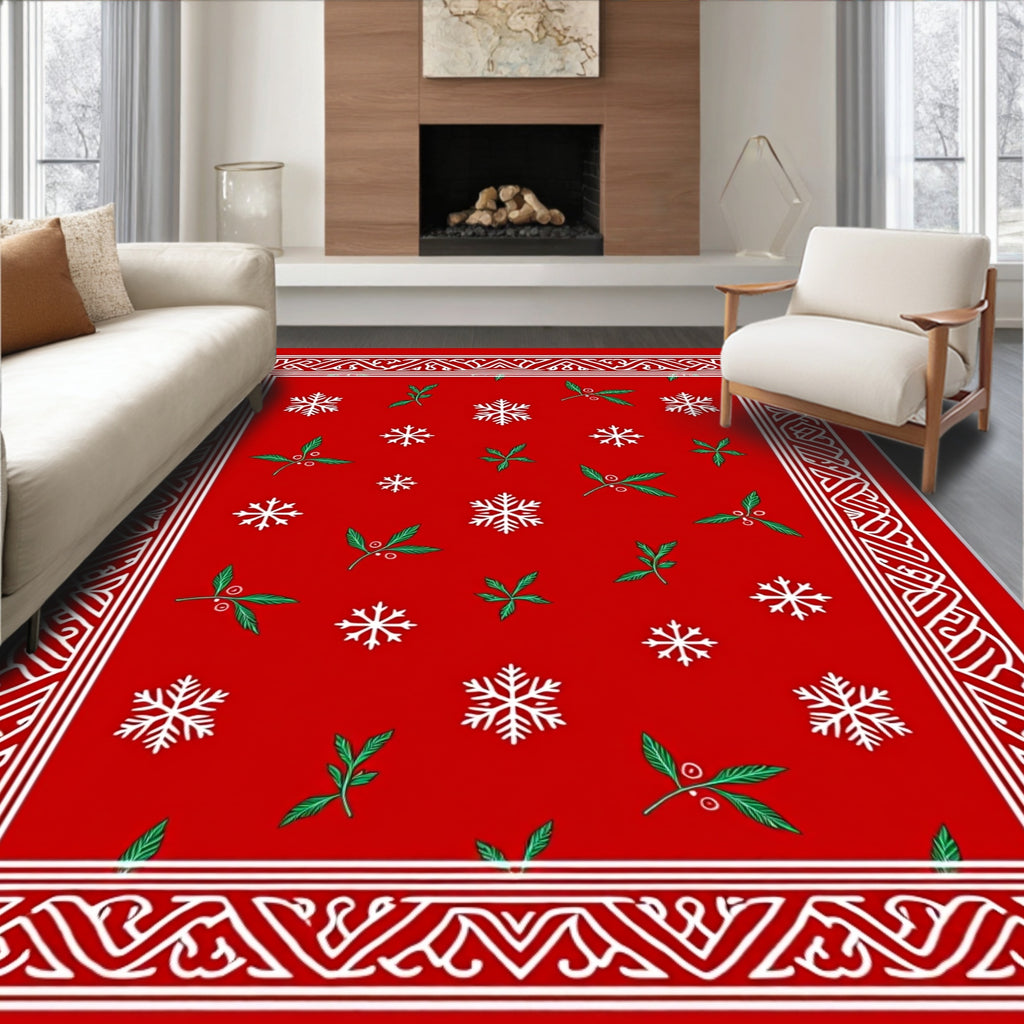Red Snowflake Holly Festive Border Rug