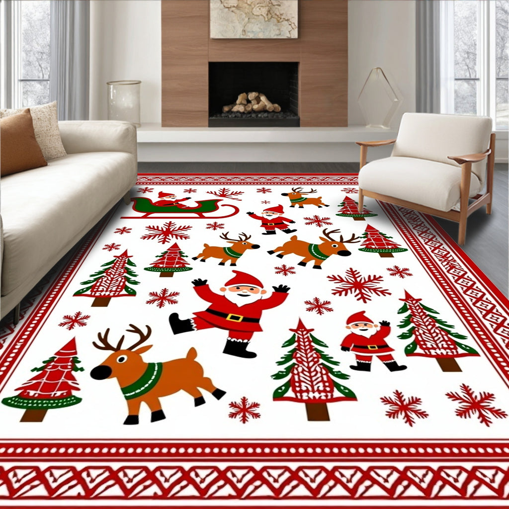 Festive Red Santa Snowflakes Reindeer Trees Rug