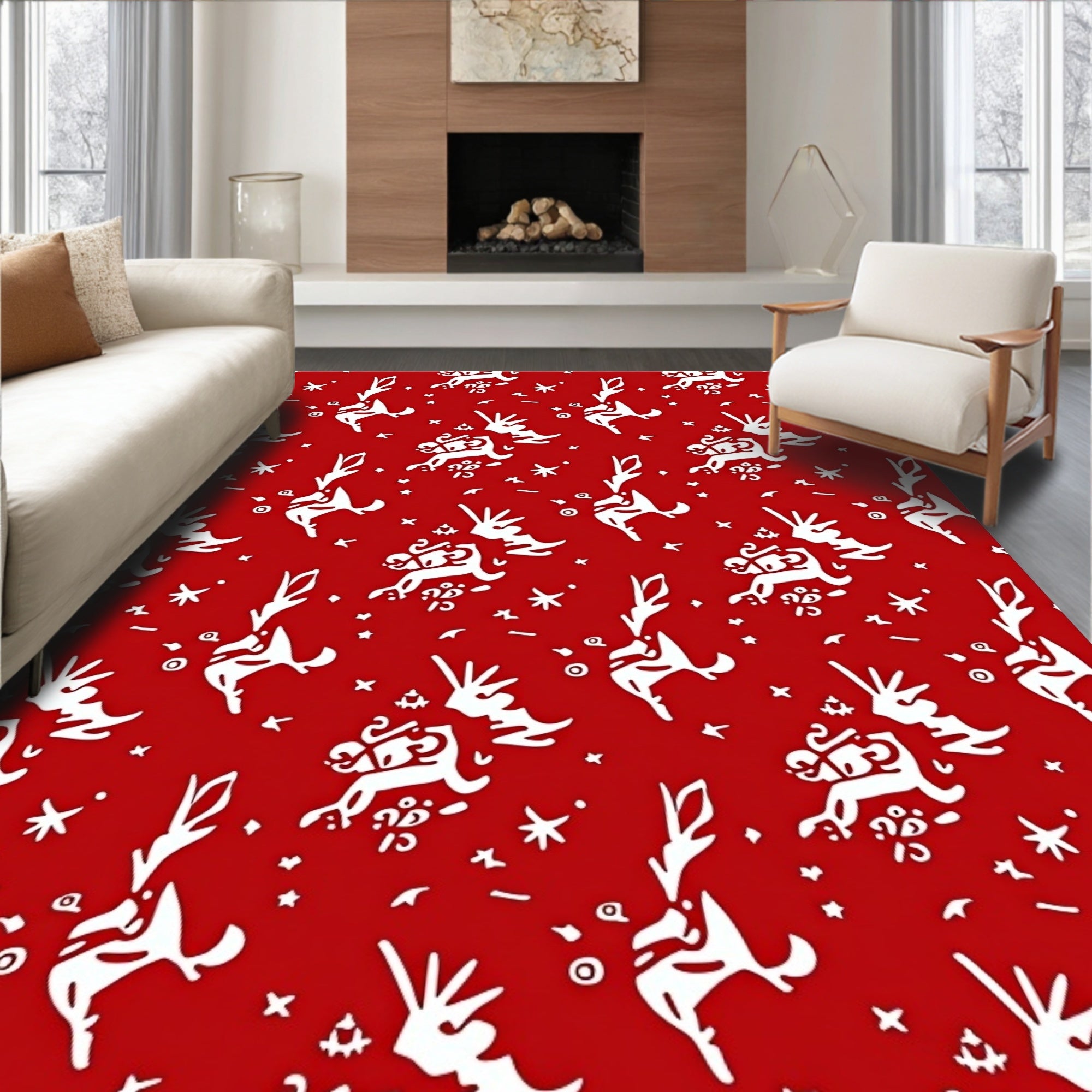 Red Reindeer Stars Repeating Pattern Rug