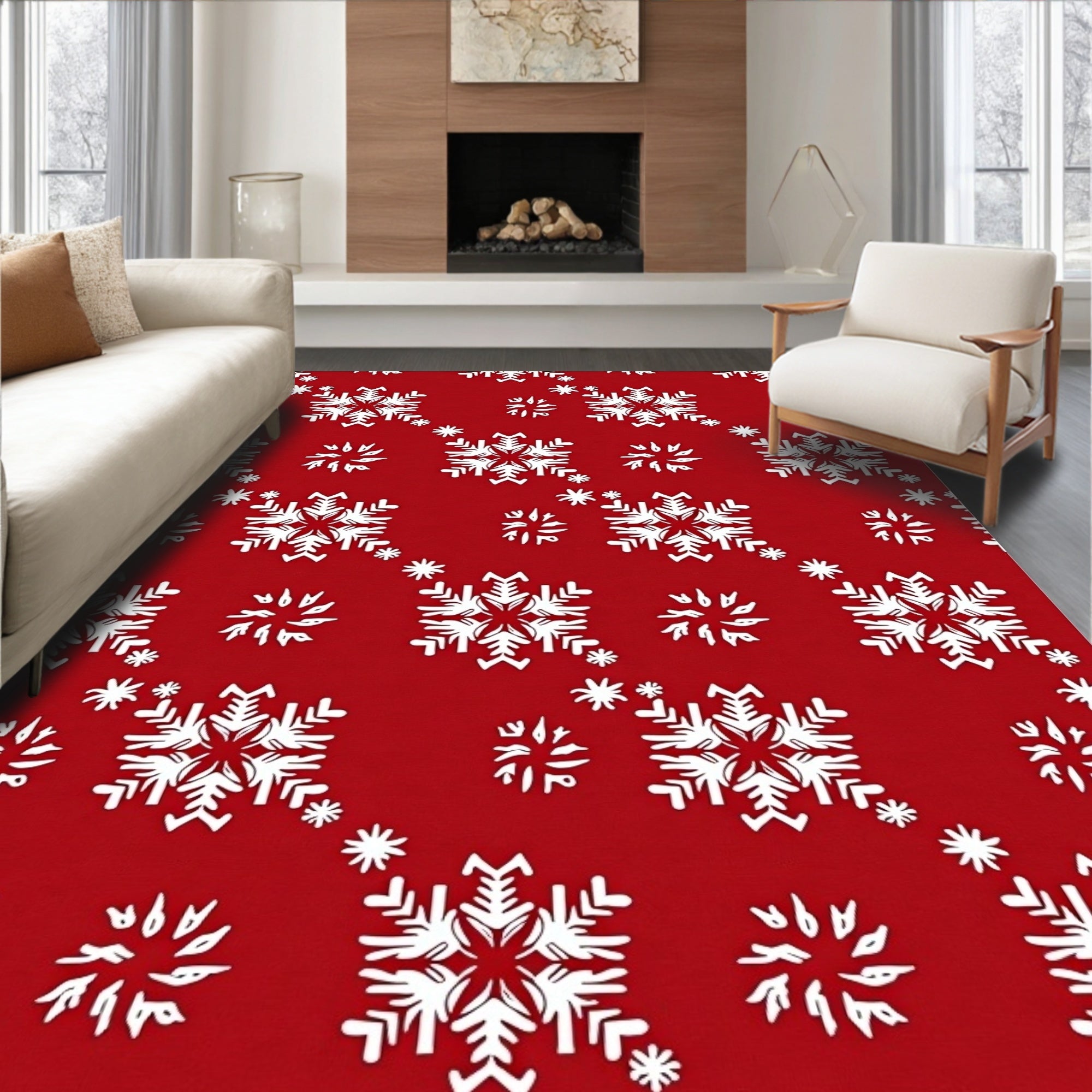 Red White Snowflake Holiday Repeat Rug