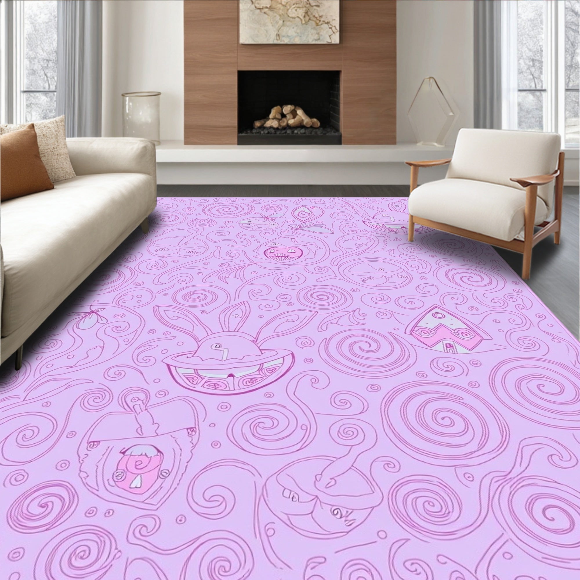 Whimsical Pink Bunny Swirls Rug