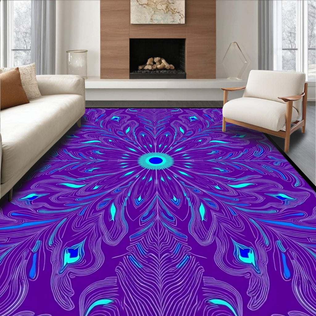 Vibrant Purple Peacock Feather Mandala Rug