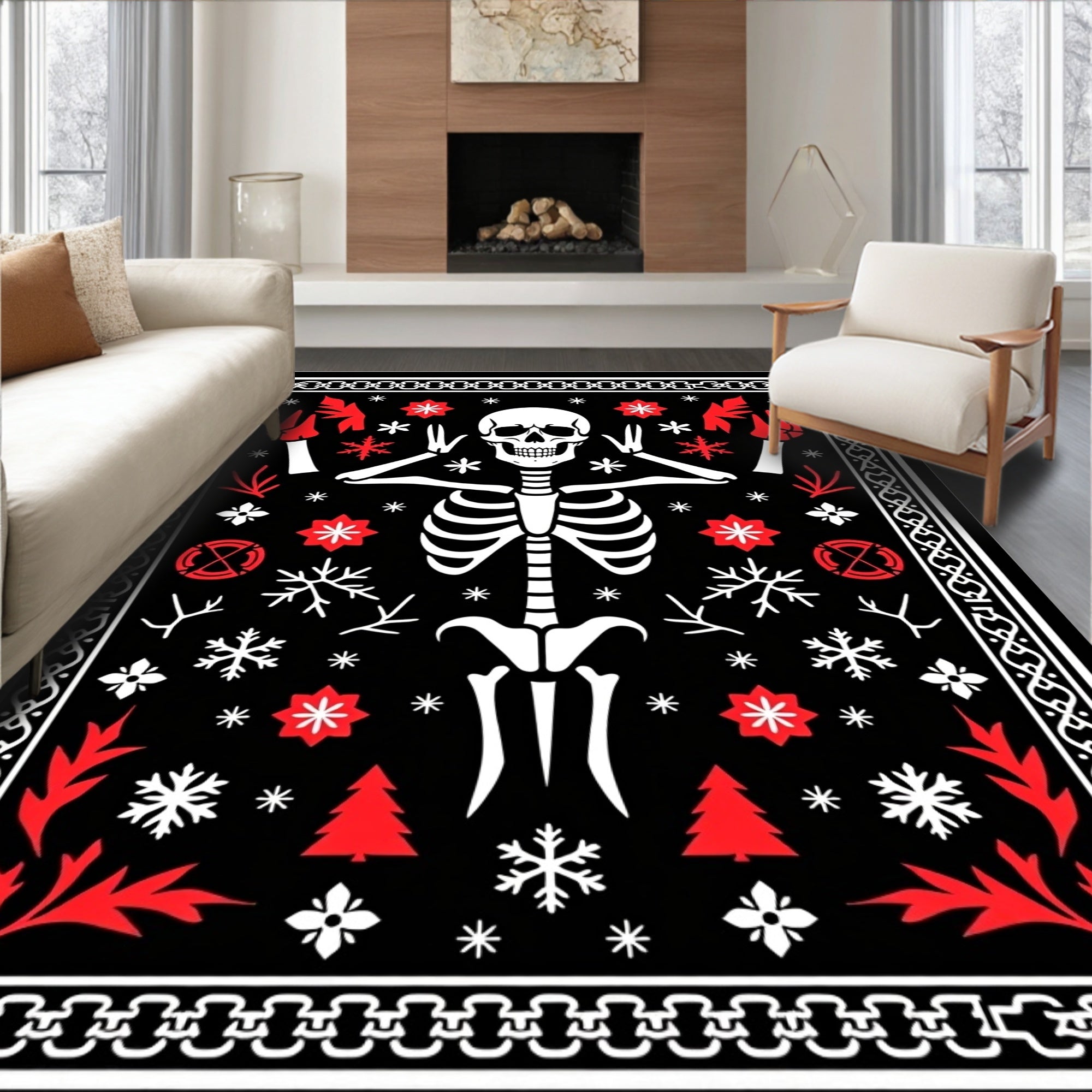 Spooky Skeleton Black Red Winter Rug