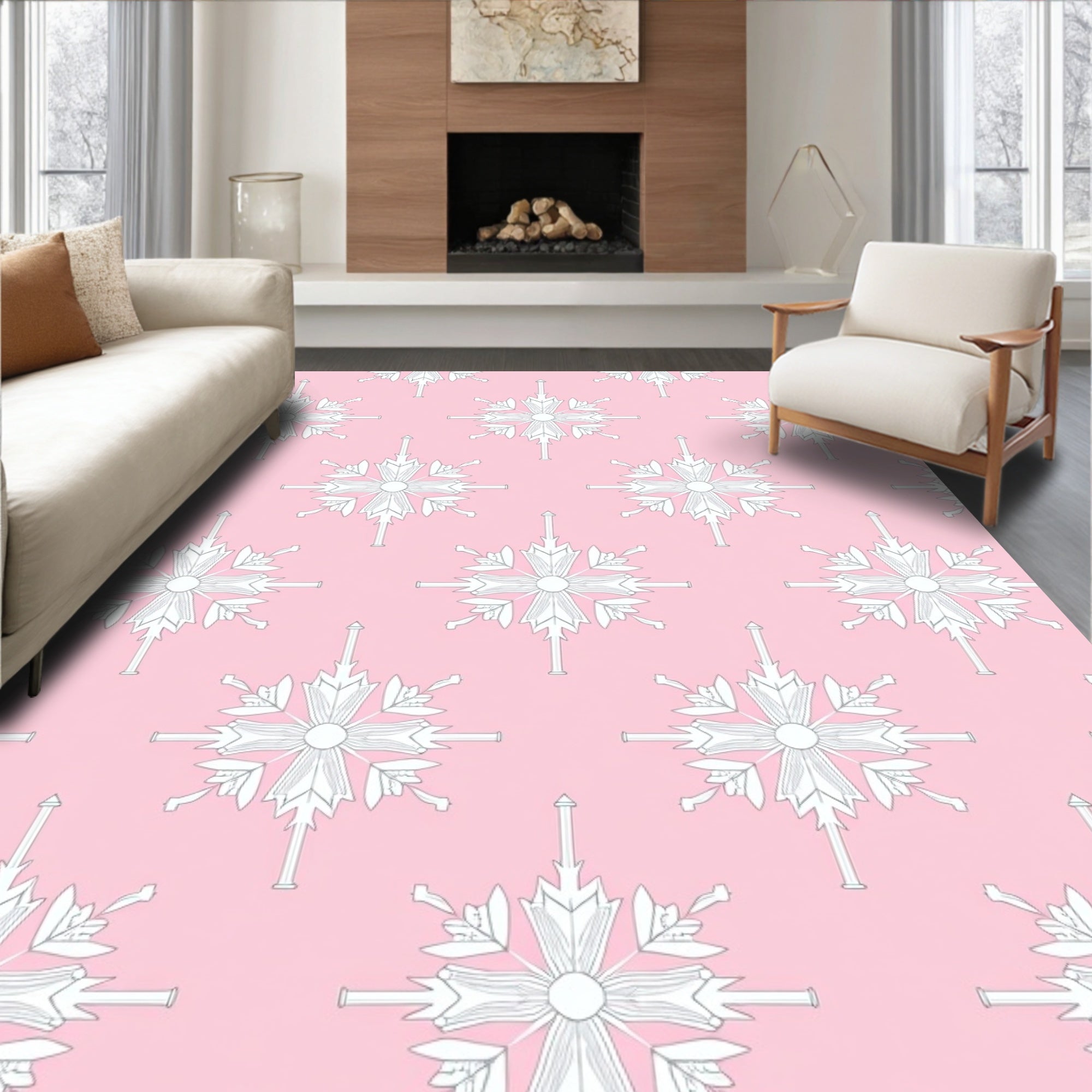Delicate White Starburst Medallion Pink Rug