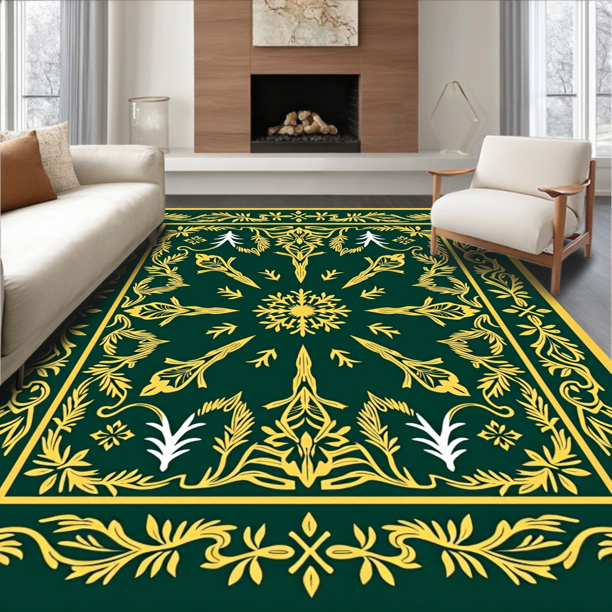 Forest Green Yellow Botanical Medallion Rug