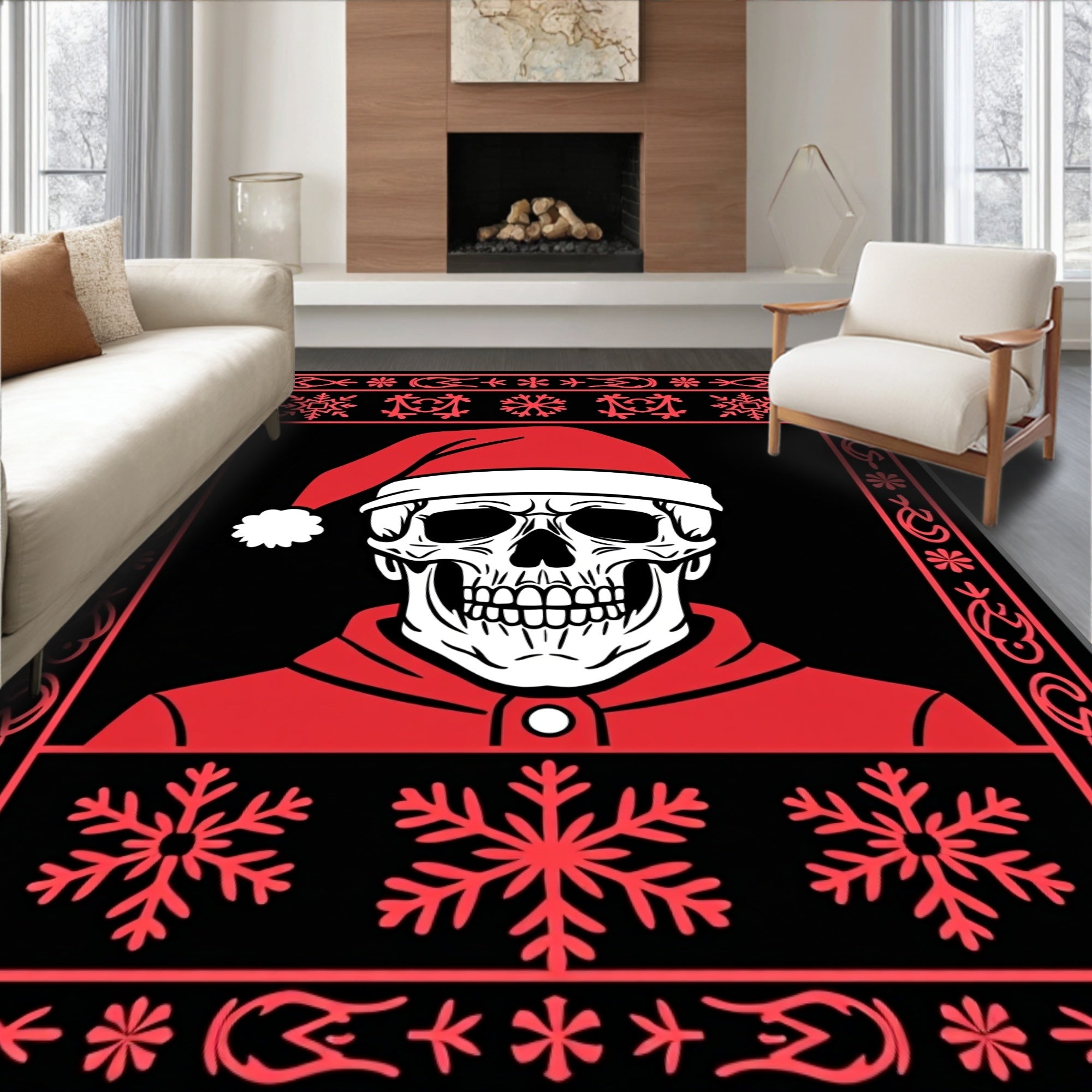 Crimson Skull With Snowflake Border Rug
