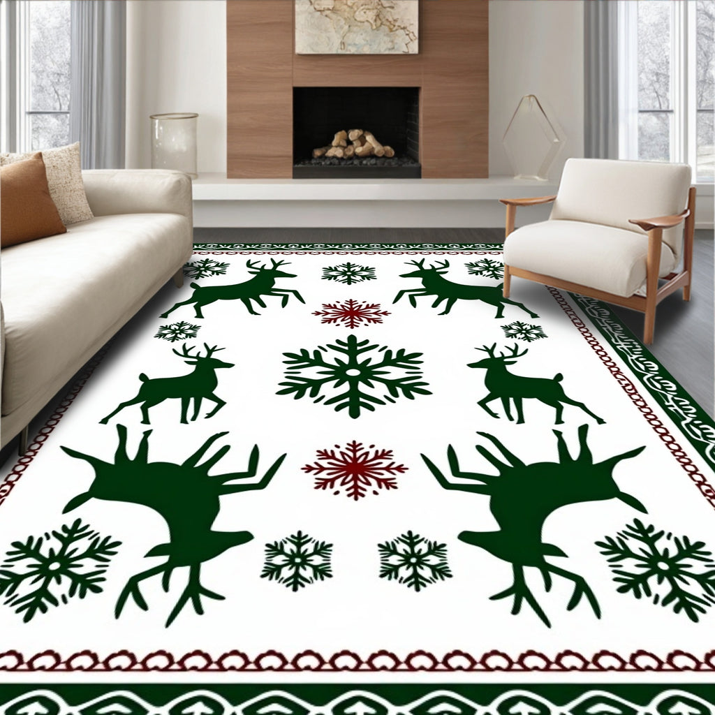 Green Dark Red Deer Snowflakes Border Rug