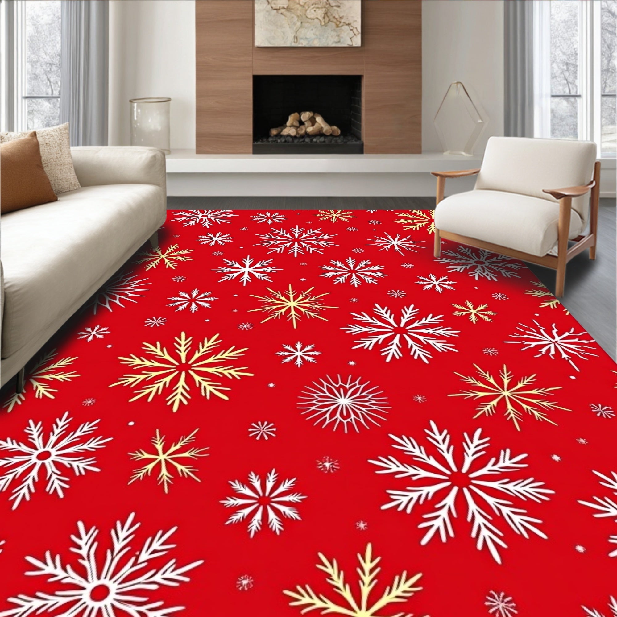Festive Red Snowflake Collage Rug