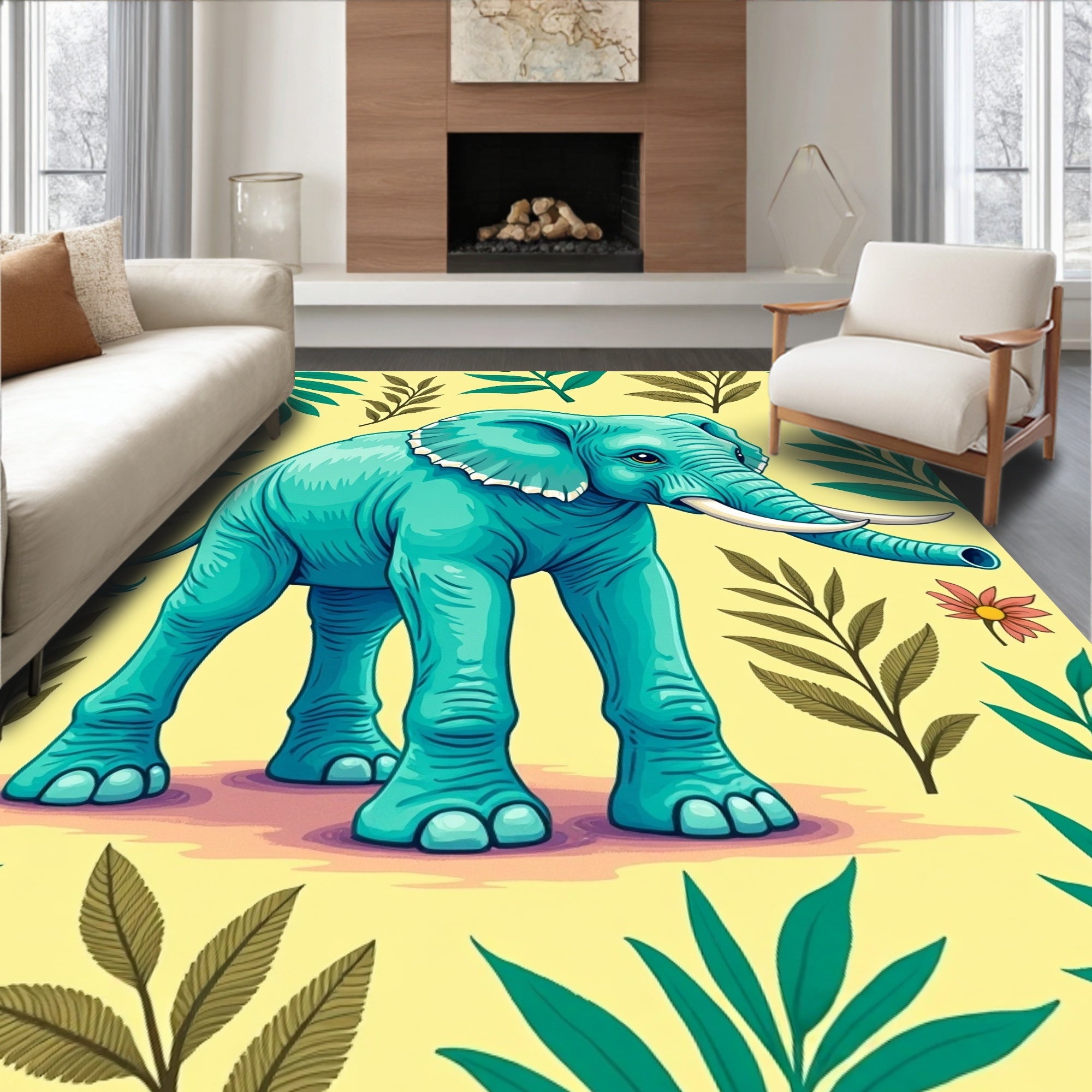 Teal Elephant Tropical Leaf Garden Rug