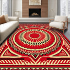 Crimson Sunburst Geometric Square Rug
