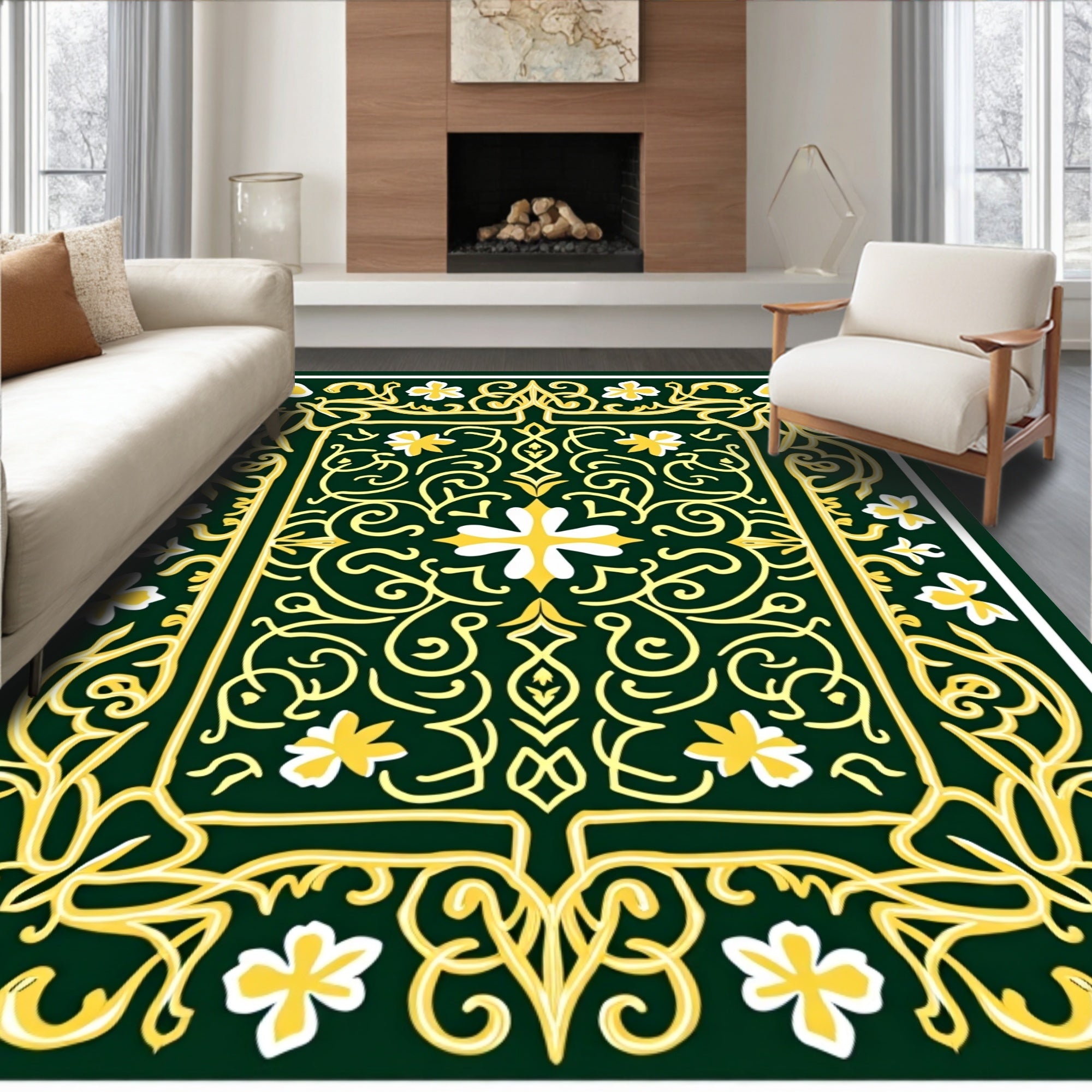 Emerald Gold Floral Scroll Medallion Rug