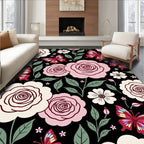 Pink Floral Butterflies on Black Background Rug