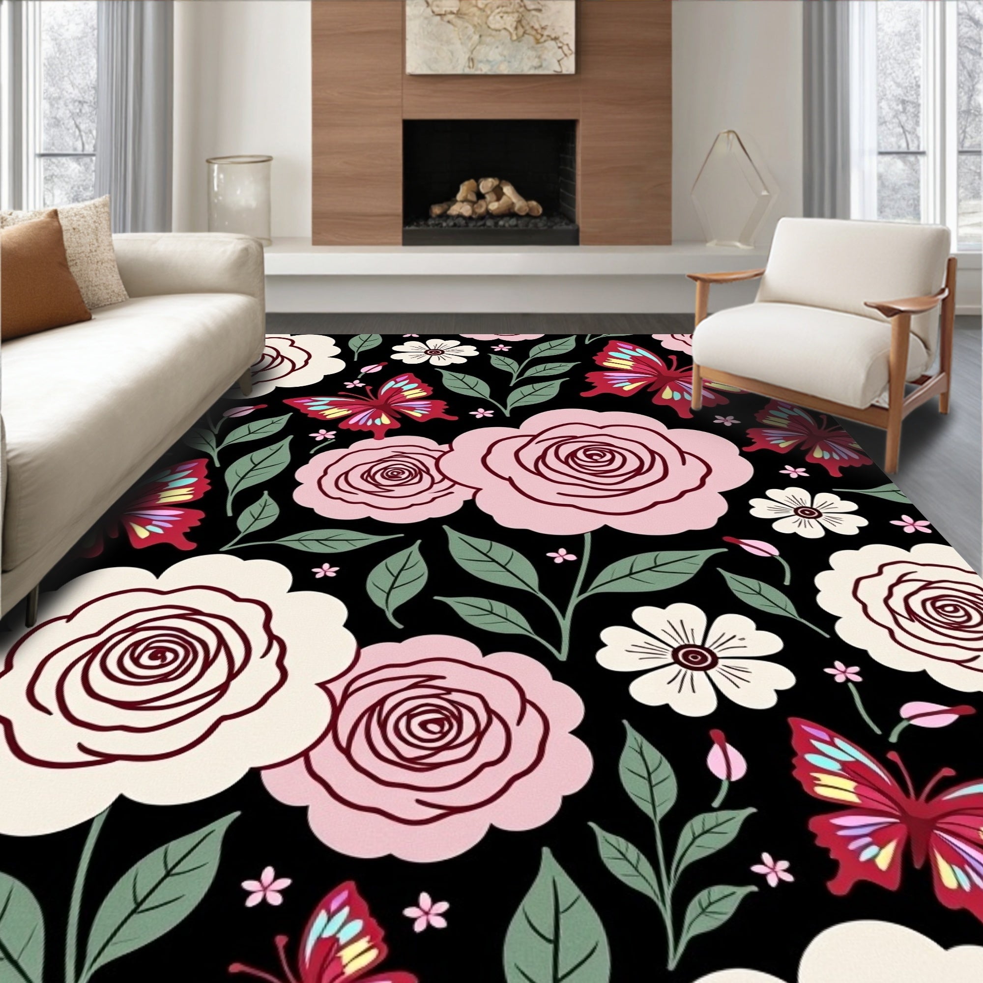Pink Floral Butterflies on Black Background Rug