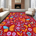 Crimson Garden Butterflies Floral Medley Rug