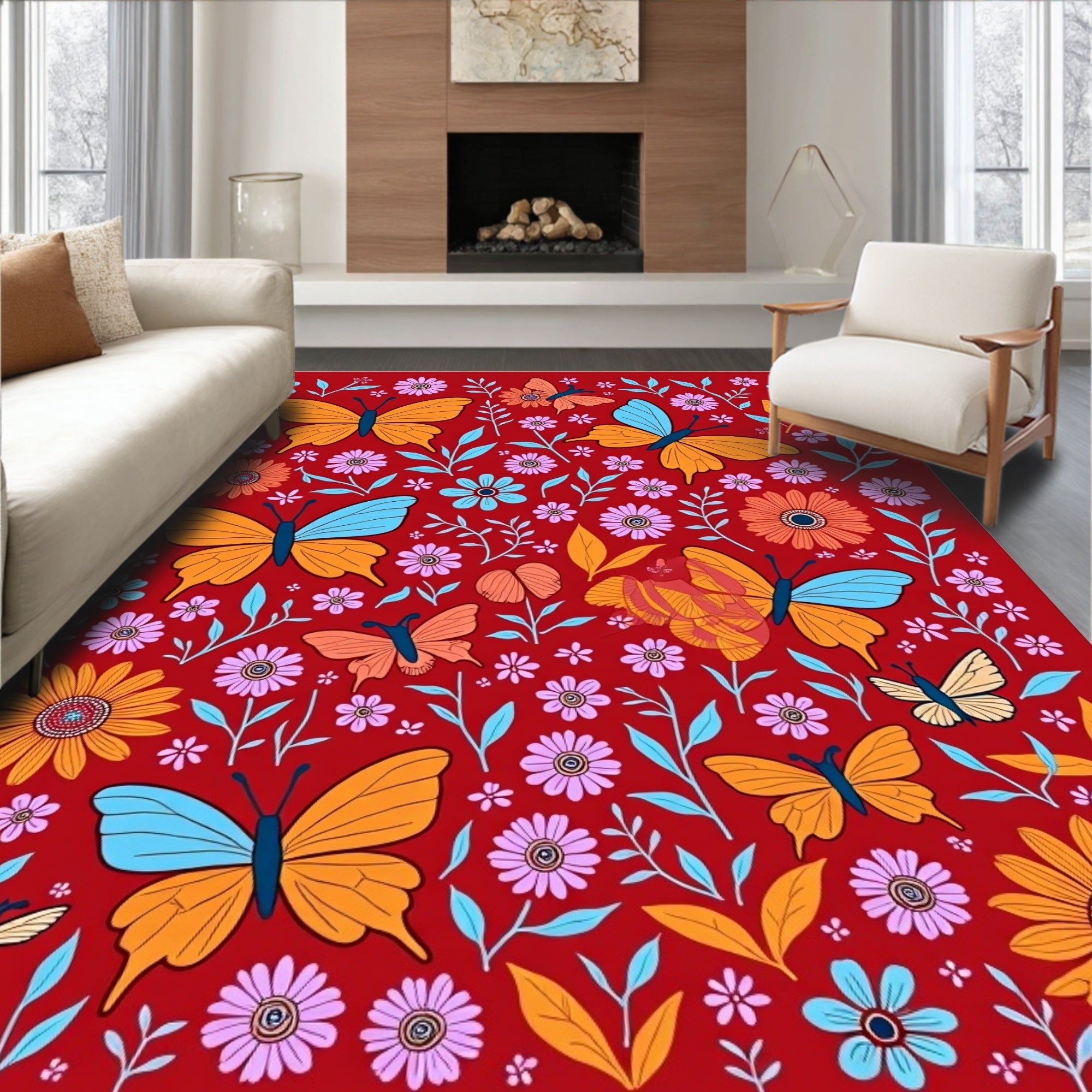 Crimson Garden Butterflies Floral Medley Rug
