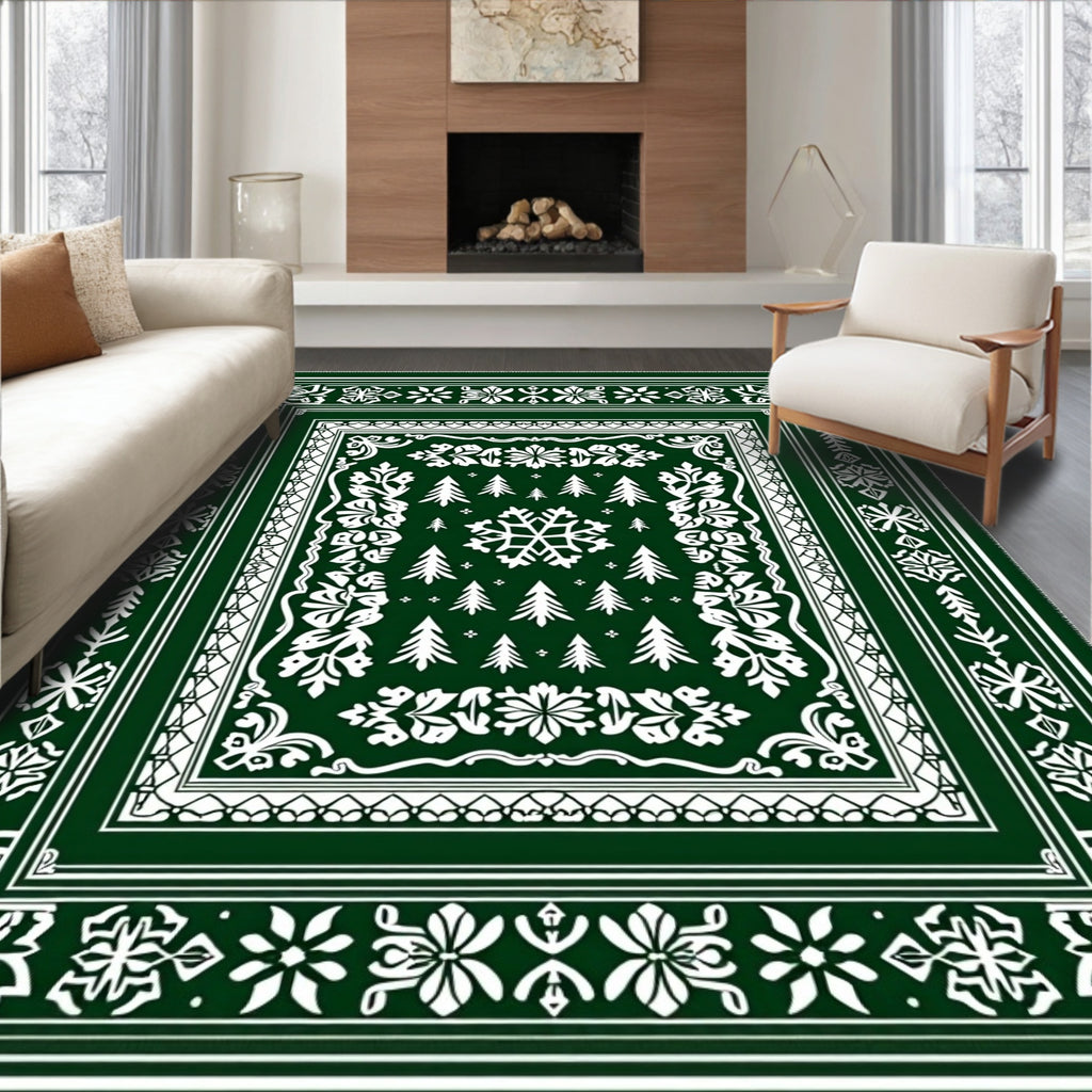 Forest Green Snowflake Pine Tree Medallion Rug
