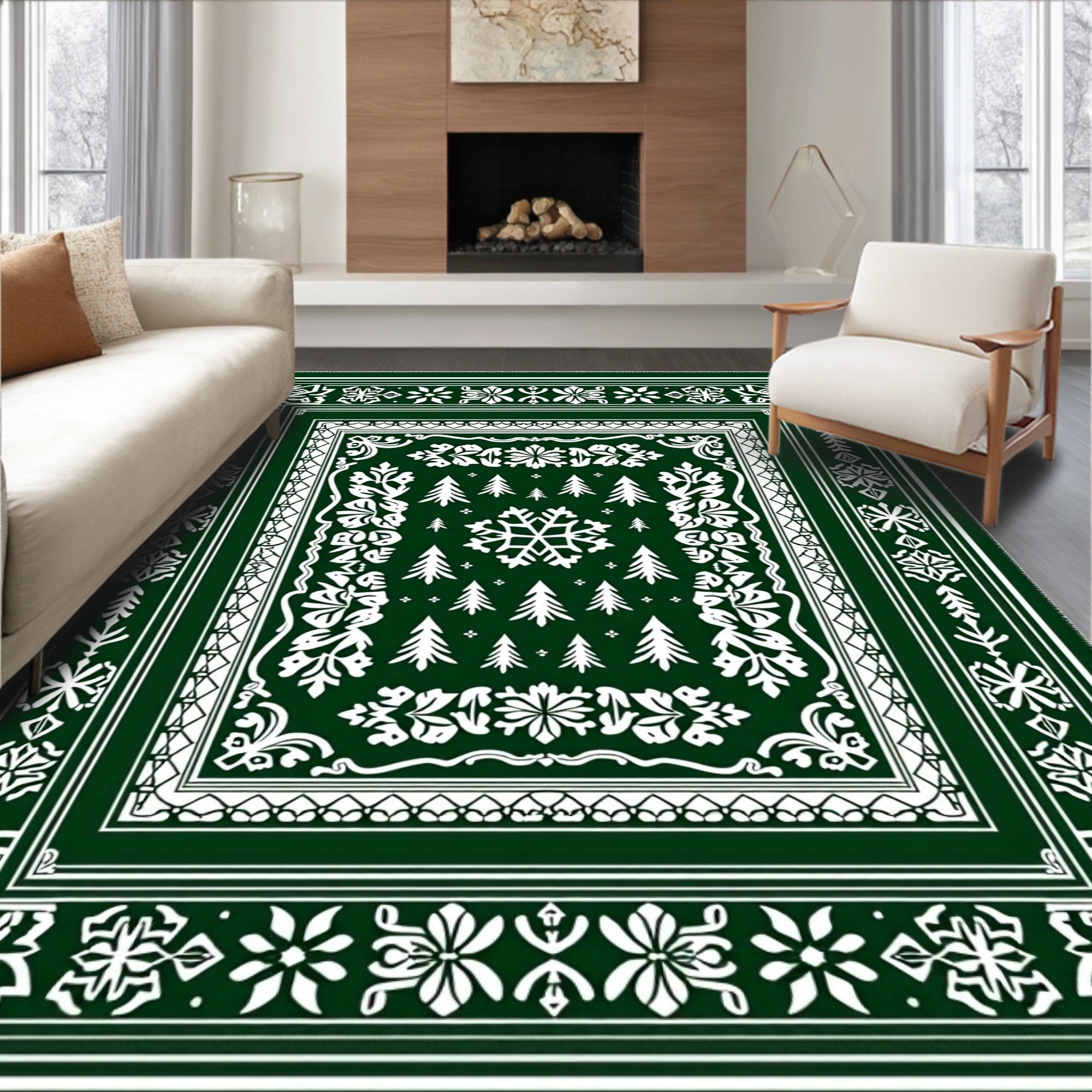 Forest Green Snowflake Pine Tree Medallion Rug