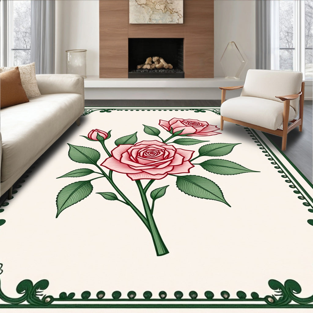 Rose Garden Floral Botanical Illustration Rug