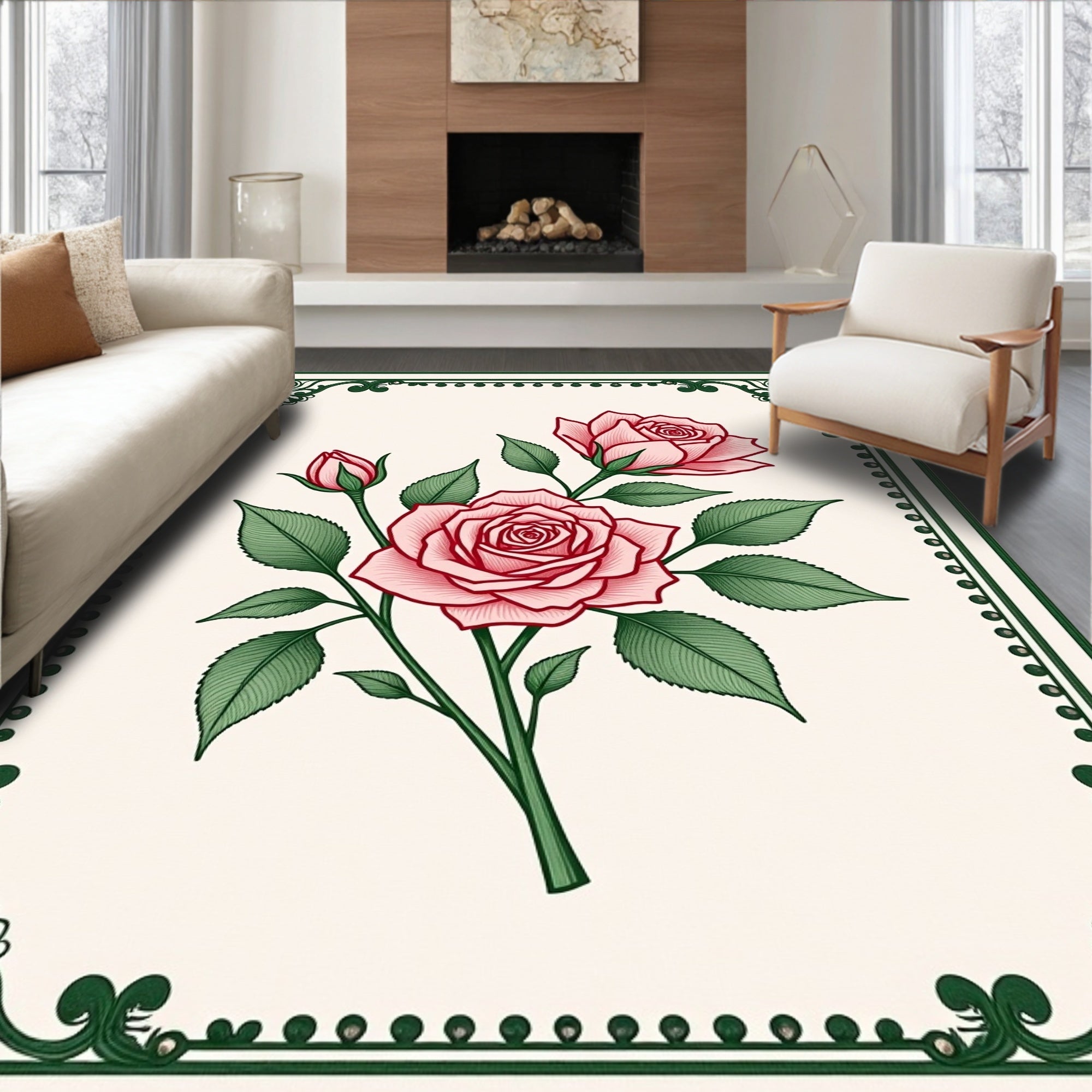 Rose Garden Floral Botanical Illustration Rug