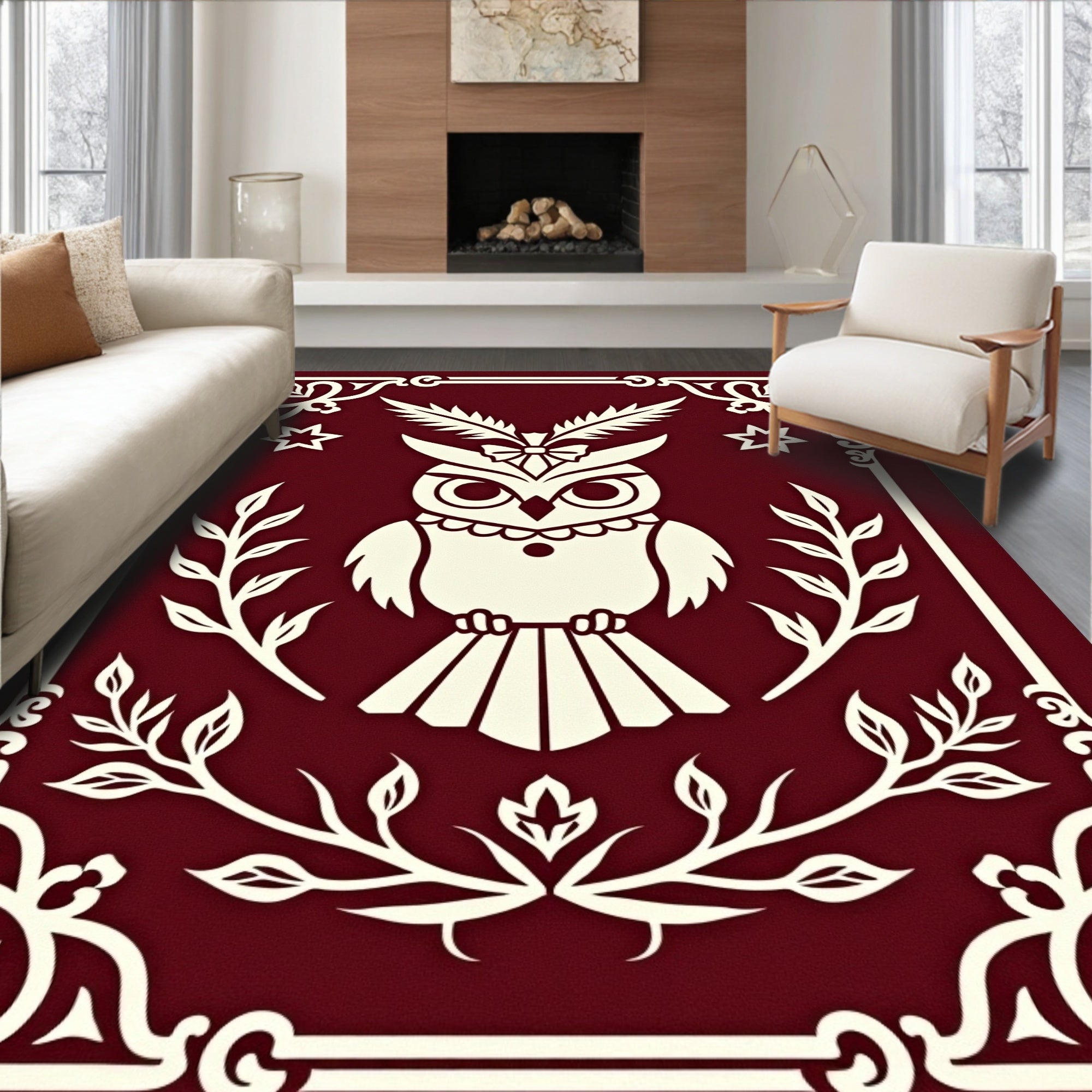 Deep Crimson Owl Whimsy Border Rug