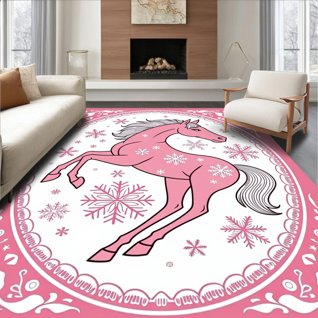 Pink Horse Snowflakes Oval Frame Rug