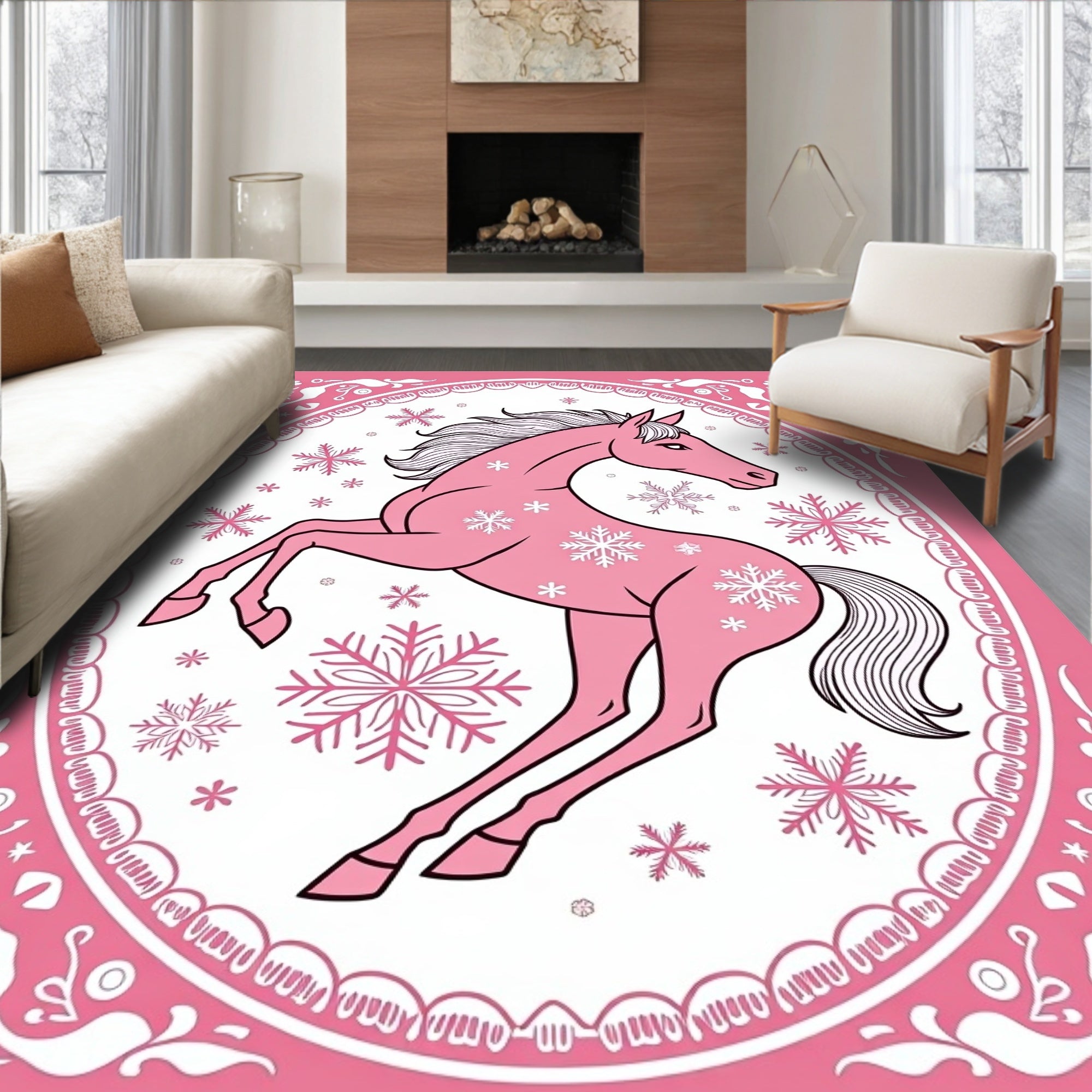 Pink Horse Snowflakes Oval Frame Rug