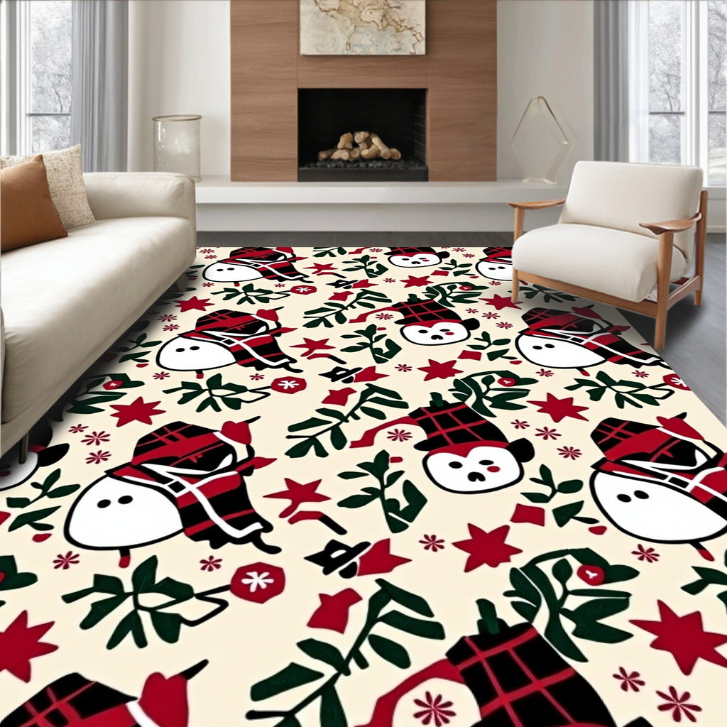 Festive Red Plaid Snowman Foliage Rug