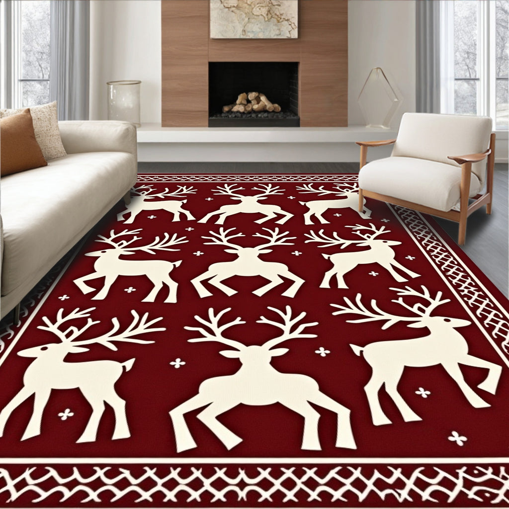 Burgundy Cream Reindeer Herd Jacquard Rug