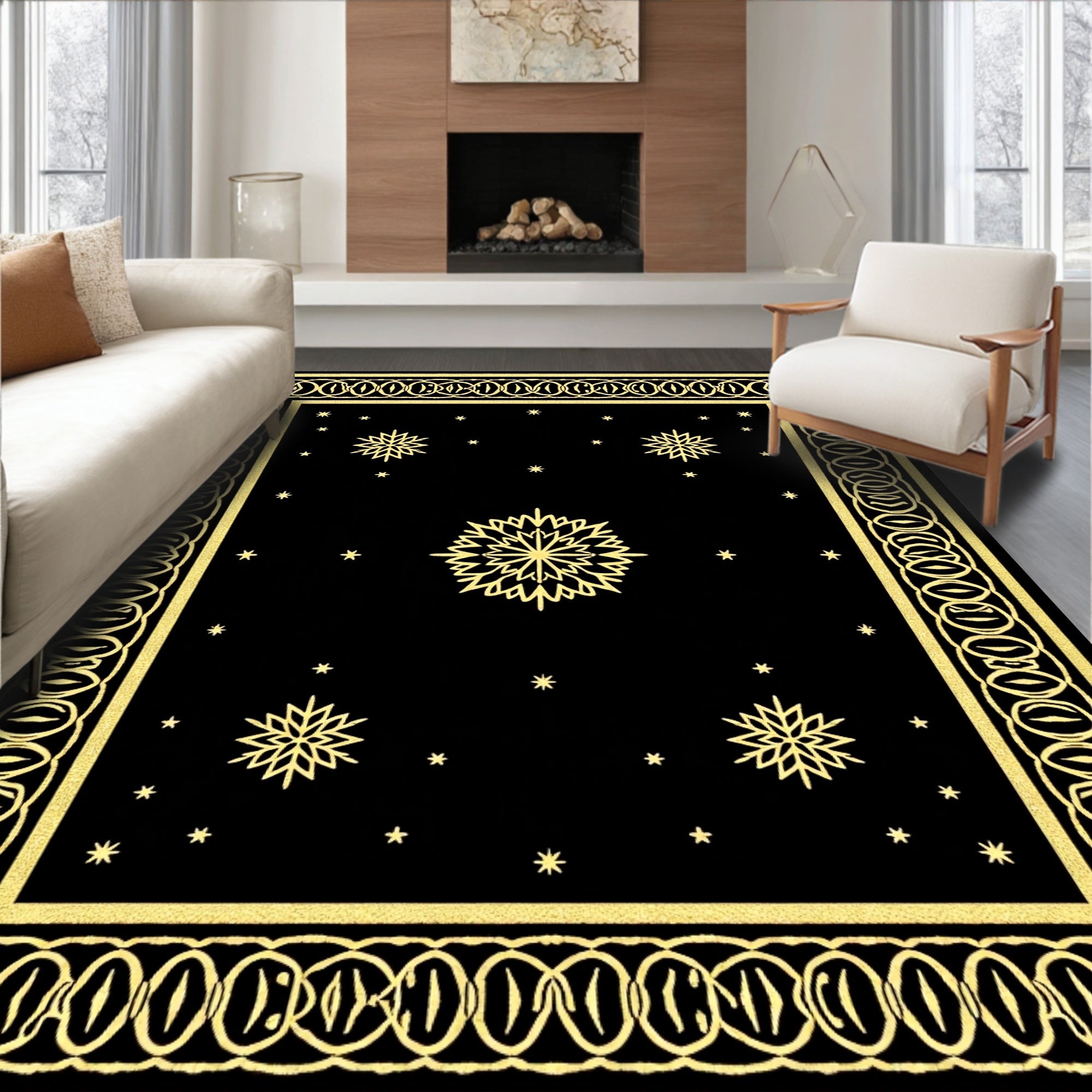 Golden Snowflake Black Celestial Rug