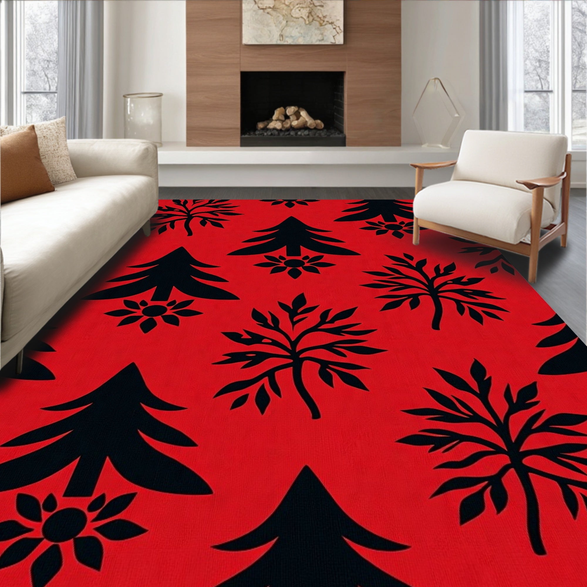 Bold Red Nature Silhouette Repeat Rug