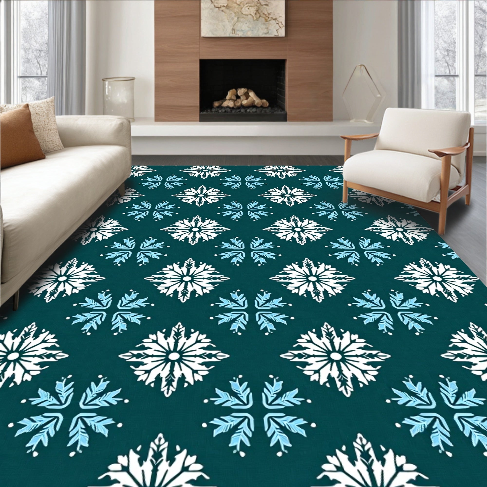 Teal White Blue Snowflake Medallion Rug