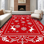 Red White Reindeer Snowflake Border Rug