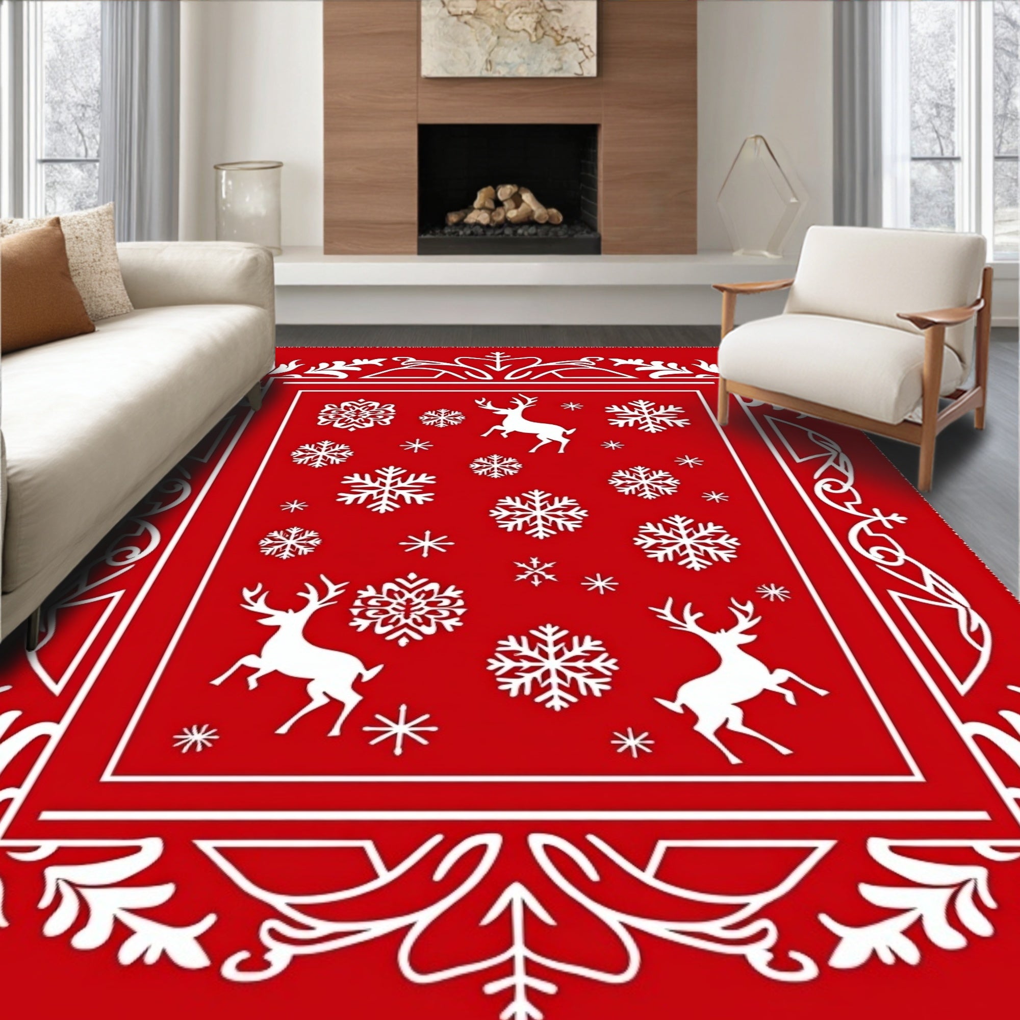 Red White Reindeer Snowflake Border Rug