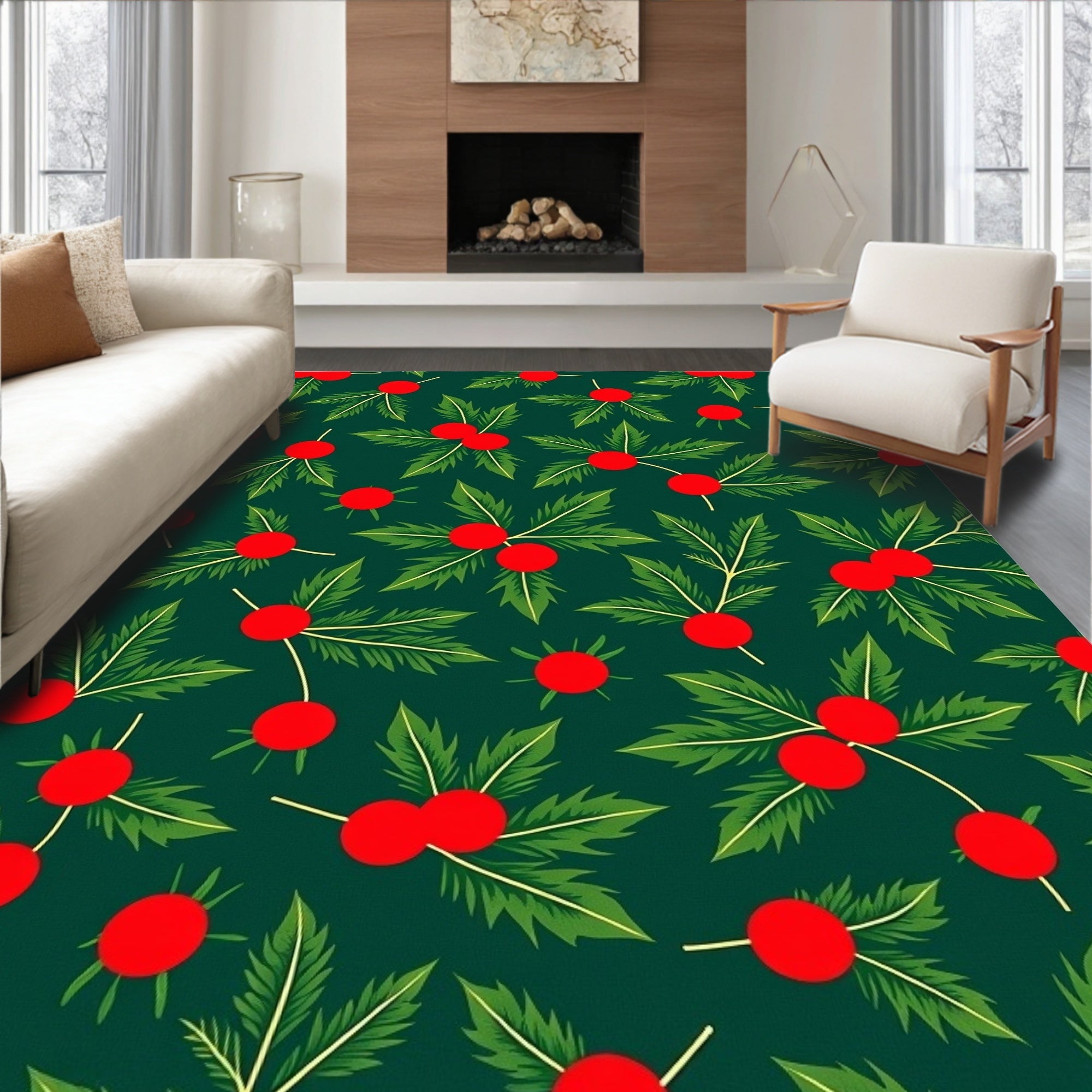 Festive Green Holly Berry Scatter Rug