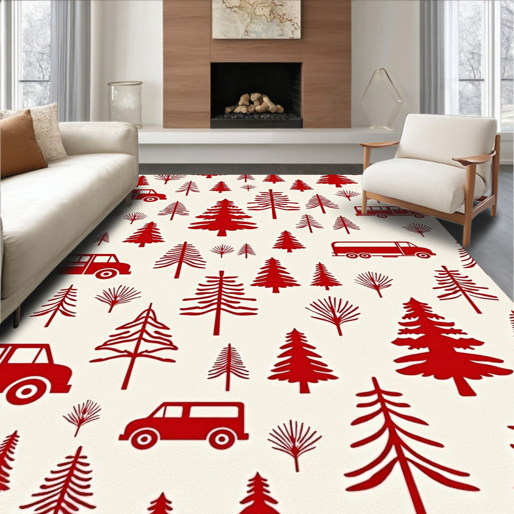 Red Retro Vehicle Tree Silhouette Rug