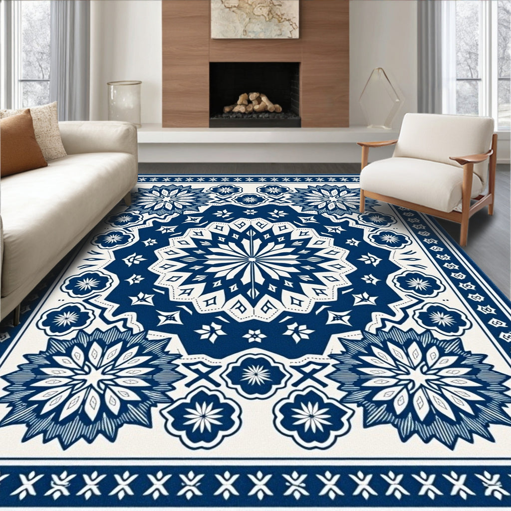 Classic Blue Floral Medallion Arrangement Rug