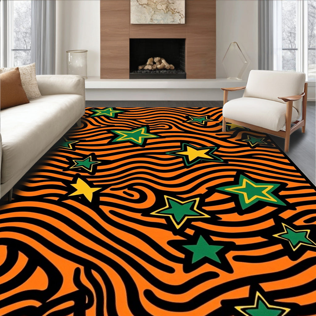 Orange Black Wavy Stars Rug