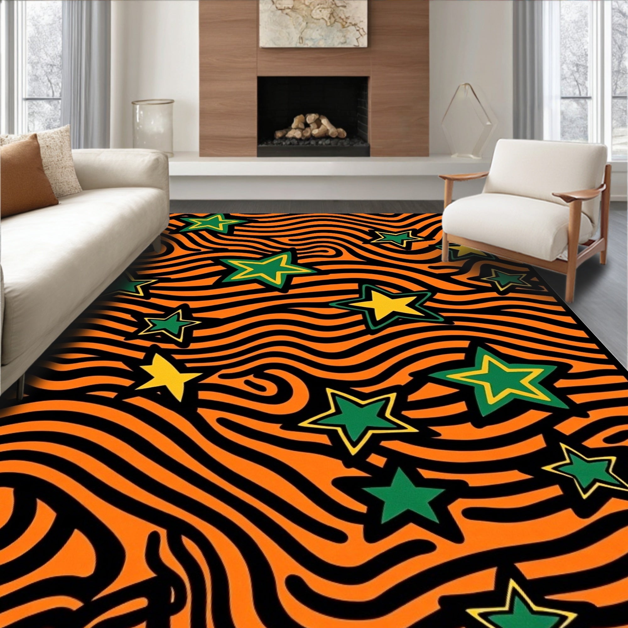 Orange Black Wavy Stars Rug