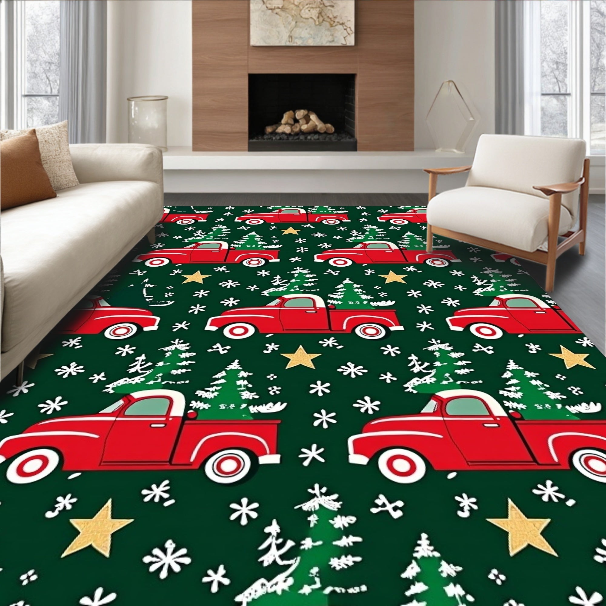 Red Trucks Delivering Christmas Trees Stars Rug