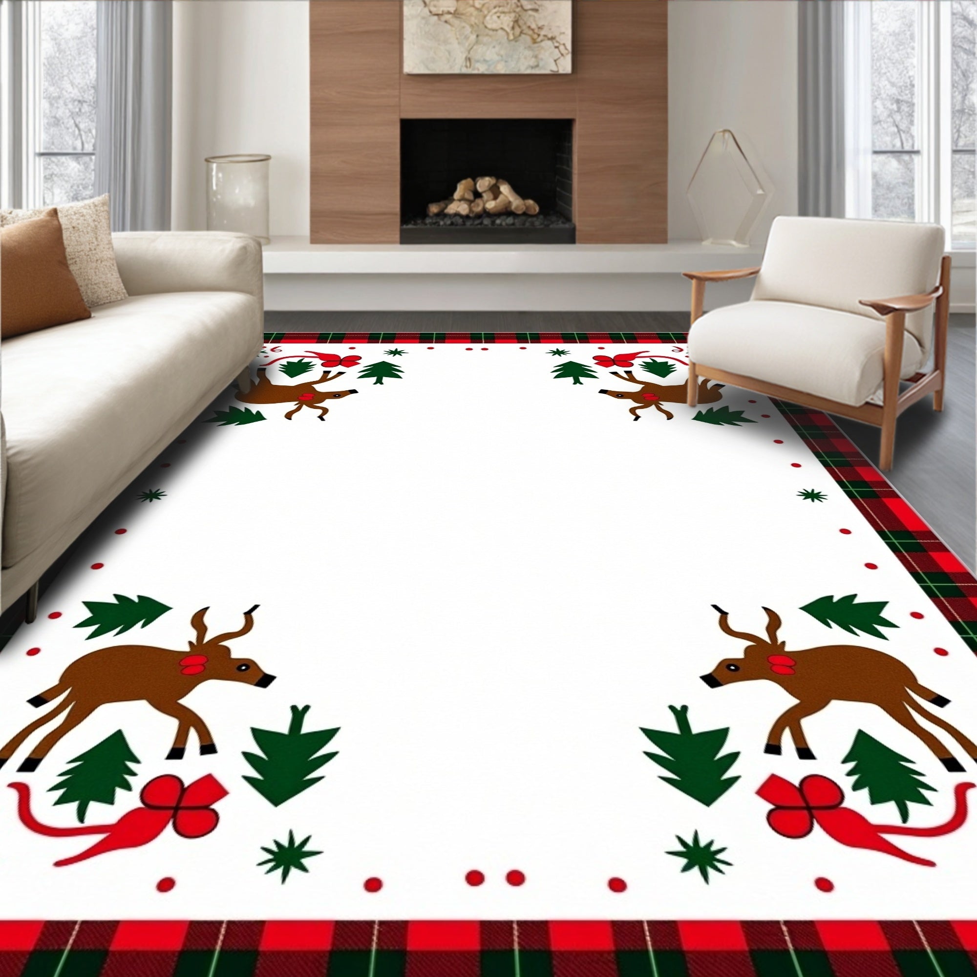 Festive Red Green Plaid Deer Collection Rug