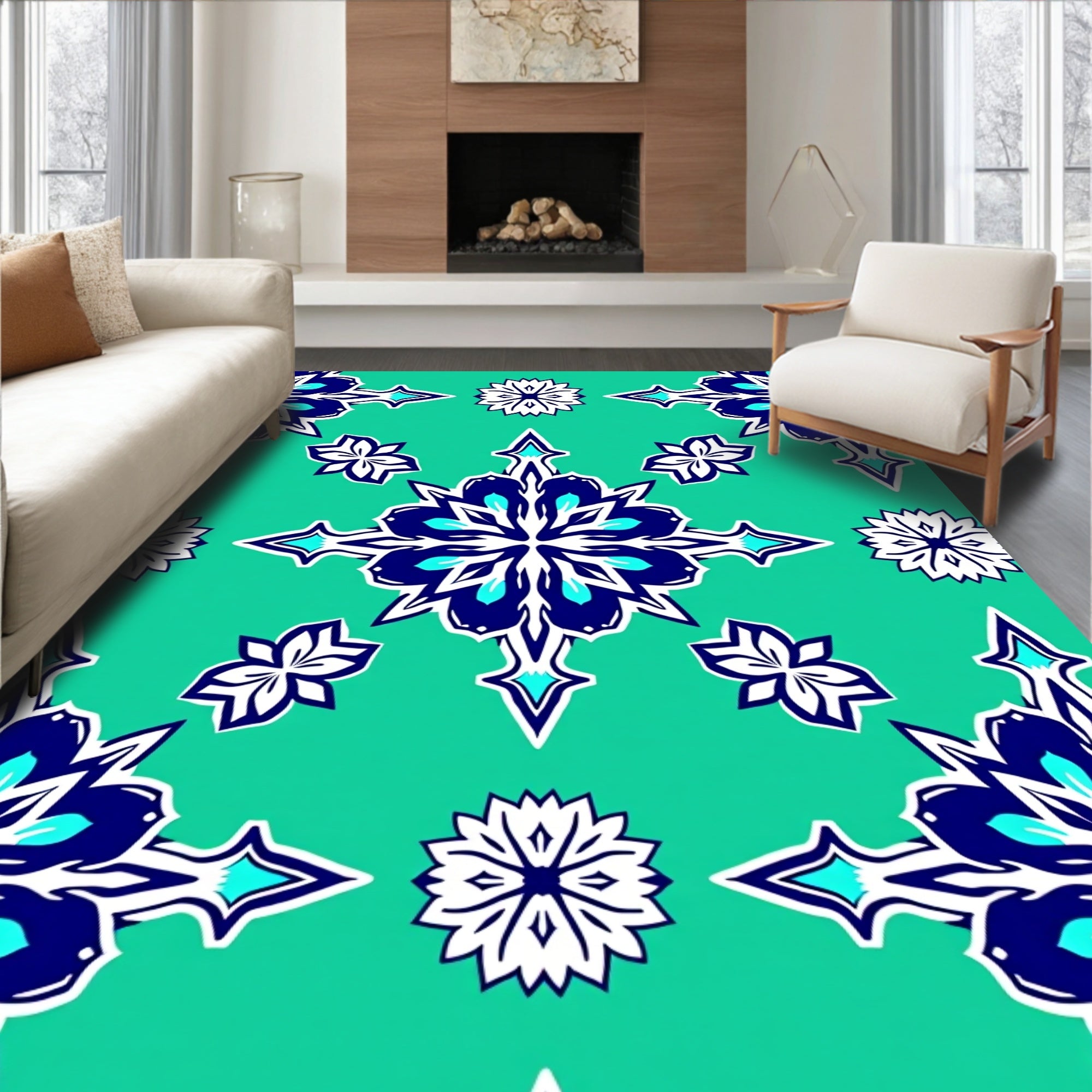 Teal Blue White Floral Symmetry Rug