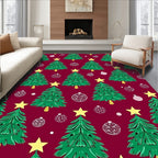 Festive Green Christmas Trees Yellow Stars Rug