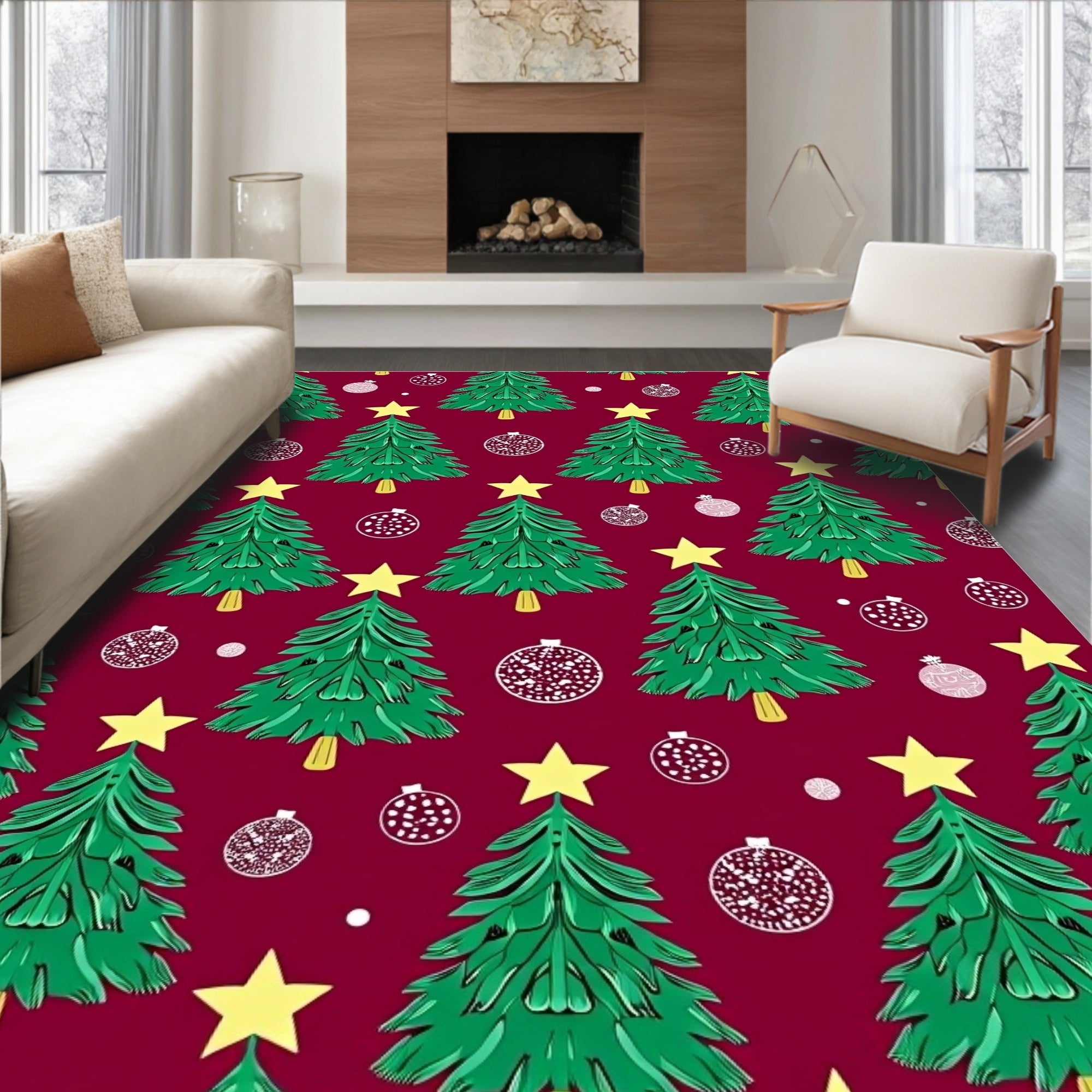 Festive Green Christmas Trees Yellow Stars Rug