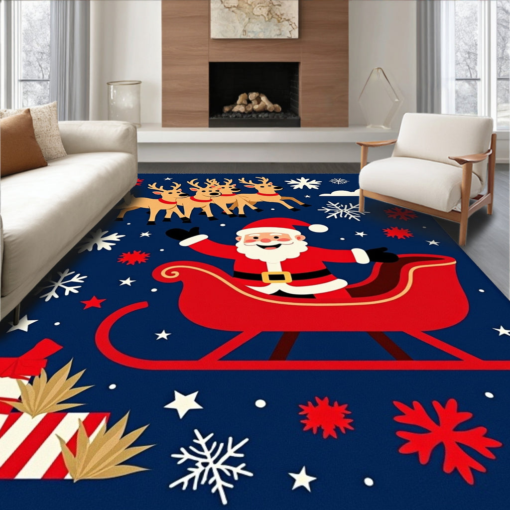 Merry Santa Sleigh Reindeer Snowflakes Rug