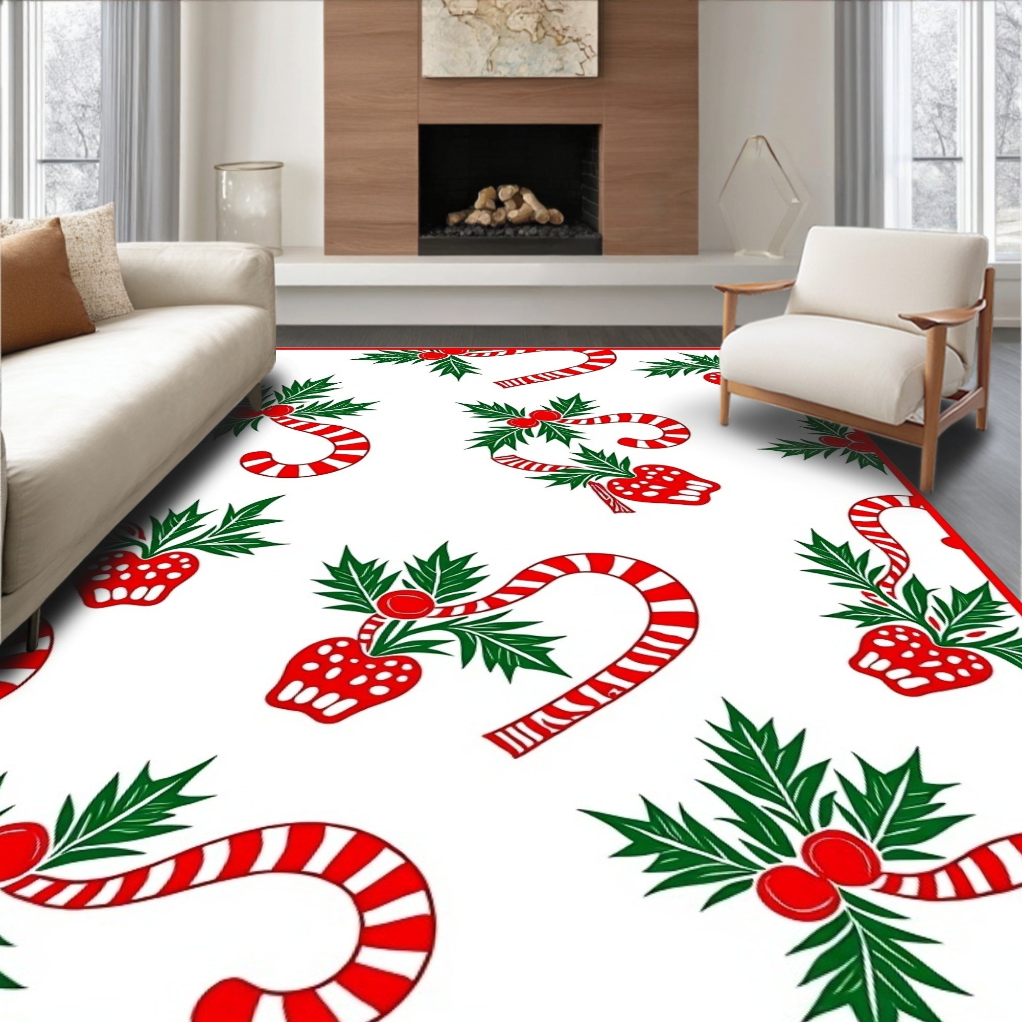 Festive Red White Candy Cane Holly Rug