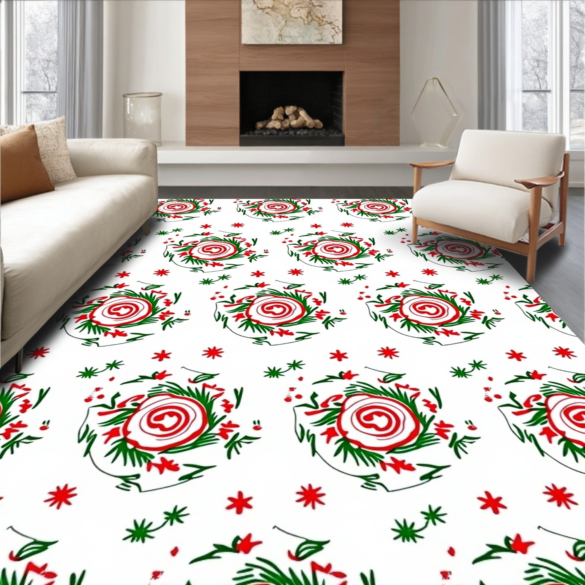 Red Green Floral Swirl Medallion Rug
